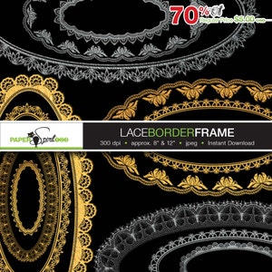 Może przedstawiać: Cyfrowy projekt przedstawiający różne ramki z koronkowymi obramowaniami w kolorze złotym i srebrnym, ze skomplikowanymi wzorami kwiatowymi i motylkowymi. Ramki są owalne i okrągłe, z widocznym tekstem "LACEBORDERFRAME" i "ok. 20cm & 30cm".