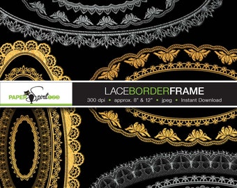Lace borders round, oval, square, rectangle frames, 6 designs, 48 frames, 91 borders in gold & silver, PNG / transparent, Printable (F0006)