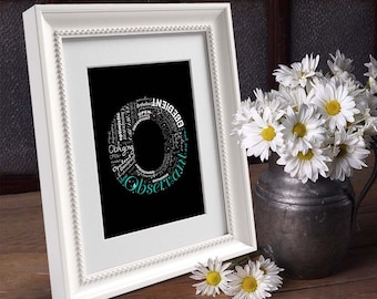 Positive words start with Letter O - Alphabet O, monogram letter, typography art, printable poster, personalized or instant download (P0015)