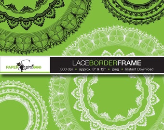 Lace borders round, oval, square, rectangle frames, 6 designs, 48 frames, 91 borders in black & white, PNG / transparent, Printable (F0001)