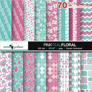 Blumenmuster, digitales Papier, pastellfarben rosa und petrol, 16 Muster, Scrapbooking Bastelpapier, Party Printable, zum ausdrucken (DP0093)