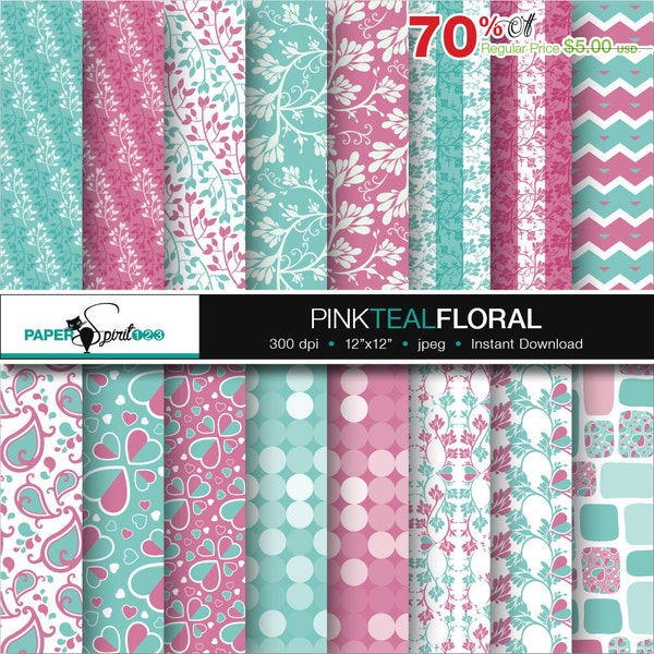 floral pattern digital paper, pink & teal pastel colour, 16 pattern, Scrapbooking craft paper, Party Printable, Instant download (DP0093)