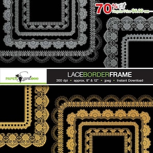 May include: A set of six digital lace border frames in gold and silver. The frames are 8 inches and 12 inches in size and are 300 dpi. The frames are perfect for adding a touch of elegance to your digital projects.