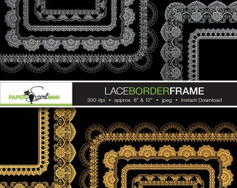 Lace borders round, oval, square, rectangle frames, 6 designs, 48 frames, 82 borders in gold & silver, PNG / transparent, Printable (F0007)