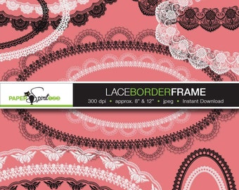 Lace borders round, oval, square, rectangle frames, 6 designs, 48 frames, 82 borders in black & white, PNG / transparent, Printable (F0002)
