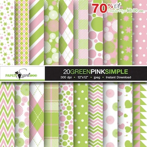 Puede incluir: Un conjunto de 20 diseños de papel digital en verde, rosa y blanco. Los patrones incluyen lunares, estrellas, rayas y formas geométricas. Los papeles son de 30,5 cm por 30,5 cm y 300 dpi.