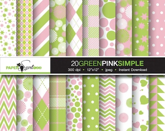 Simple basic pattern pink & green digital paper, 20 patterns, 3 labels, Scrapbooking craft paper, Printable, Instant download (DP0085)