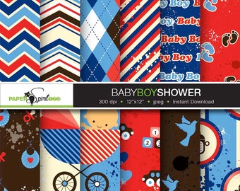 Baby Boy Shower digital paper, brown, red & blue color, 12 Scrapbooking craft paper, Party Printable, Instant download (DP0012)
