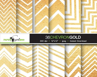 Chevron pattern Gold and white digital paper, 36 pages Scrapbooking craft paper, Printable, Instant download (DP0033)