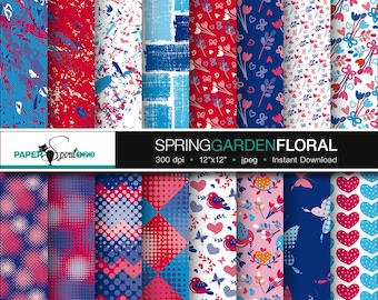 spring garden / floral pattern digital paper, red & blue, 16 pages Scrapbooking craft paper, Party Printable, Instant download (DP0096)