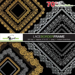 Lace borders round, oval, square, rectangle frames, 6 designs, 48 frames, 78 borders in gold & silver, PNG / transparent, Printable (F0010)