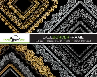 Lace borders round, oval, square, rectangle frames, 6 designs, 48 frames, 78 borders in gold & silver, PNG / transparent, Printable (F0010)