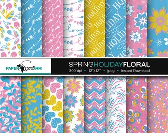 spring / floral pattern digital paper, pink, blue & yellow, 16 pages Scrapbooking craft paper, Party Printable, Instant download (DP0097)