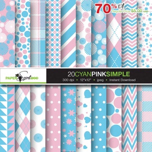 Puede incluir: Un conjunto de 20 patrones de papel digital en tonos de azul, rosa y blanco. Los patrones incluyen lunares, rayas, estrellas, corazones y formas geométricas. Los papeles miden 30,5 cm por 30,5 cm y 300 dpi.