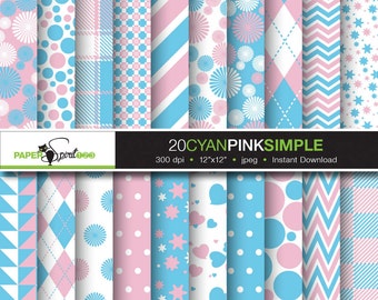 Simple basic pattern pink & cyan digital paper, 20 patterns, 3 labels, Scrapbooking craft paper, Party Printable, Instant download (DP0087)