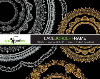 Lace borders round, oval, square, rectangle frames, 6 designs, 48 frames, 88 borders in gold & silver, PNG / transparent, Printable (F0008)