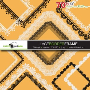 Bordes de encaje redondos, ovalados, cuadrados y rectangulares. 6 diseños, 48 marcos, 84 bordes en blanco y negro. PNG/transparente. Imprimible (F0004).