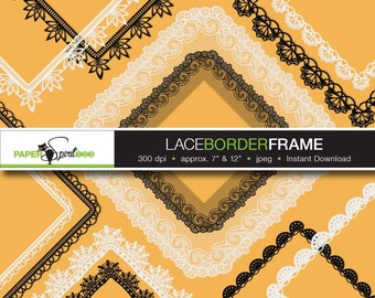Lace borders round, oval, square, rectangle frames, 6 designs, 48 frames, 84 borders in black & white, PNG / transparent, Printable (F0004)