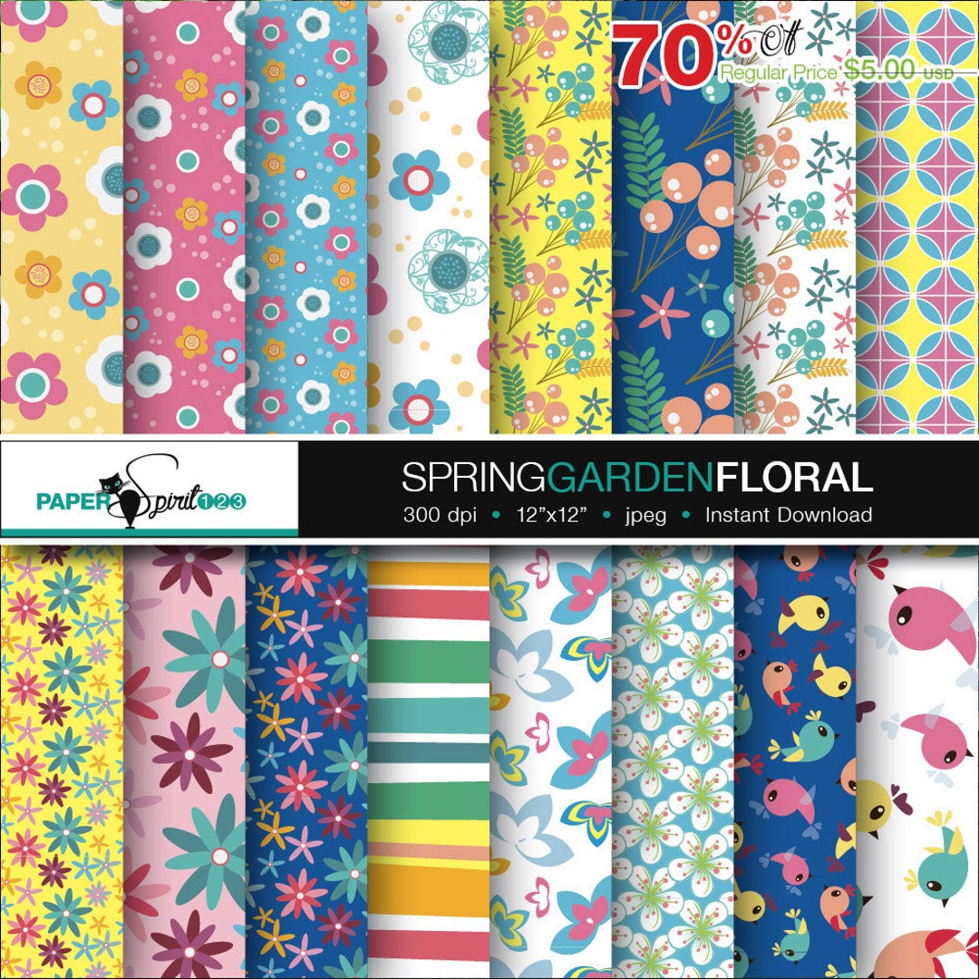 Spring Garden / Floral Pattern Digital Paper, Pastel Colour, 16 Pages ...