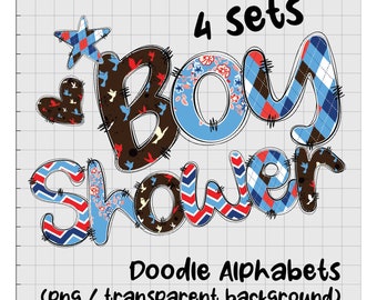 4 sets Baby Boy Shower Doodle Alphabets, Punctuations & Numbers, DIY set, Party Printable, PNG / Transparent download (AN0001)