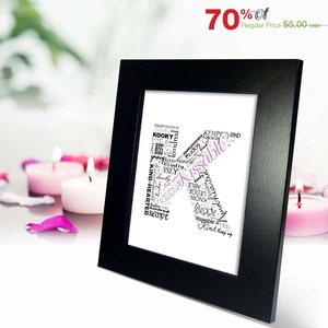 Las palabras positivas comienzan con la letra K - Alfabeto K, letra monograma, arte tipográfico, póster imprimible, descarga personalizada o instantánea (P0011)