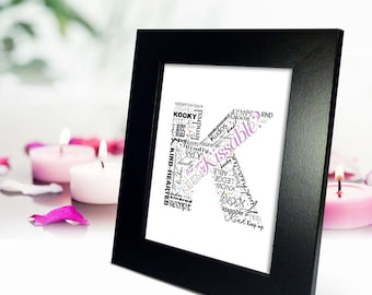 Positive words start with Letter K - Alphabet K, monogram letter, typography art, printable poster, personalized or instant download (P0011)