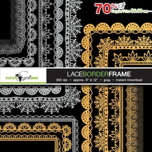 May include: A set of eight digital lace border frames in gold and silver. The frames are approximately 8 inches and 12 inches in size and are 300 dpi. The frames are perfect for adding a touch of elegance to your digital projects.