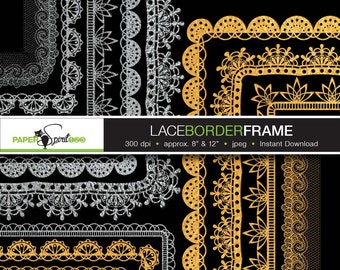 Lace borders round, oval, square, rectangle frames, 6 designs, 48 frames, 84 borders in gold & silver, PNG / transparent, Printable (F0009)
