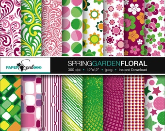 spring garden / floral pattern digital paper, green & purple, 16 pages Scrapbooking craft paper, Party Printable, Instant download (DP0095)