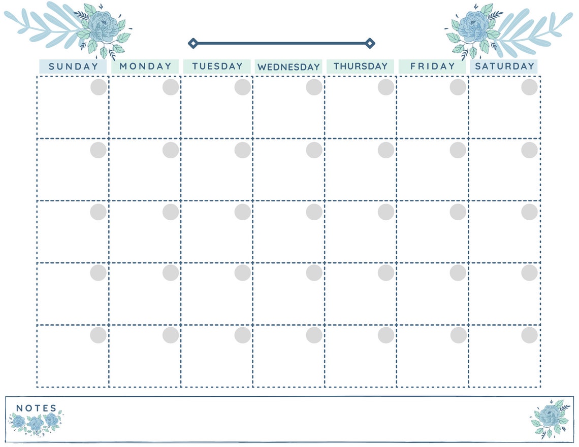 Blank Monthly Calendar Printable Blue Floral Monthly - Etsy