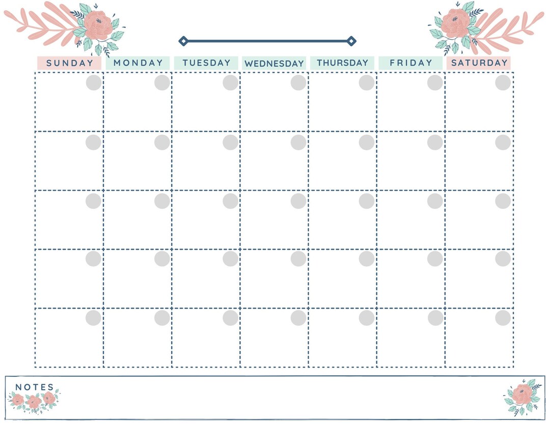 Blank Monthly Calendar Printable Pink Floral Blank Calendar Etsy