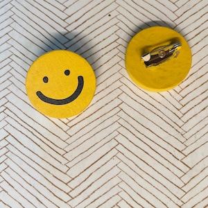 Handmade wooden Smiley button pin