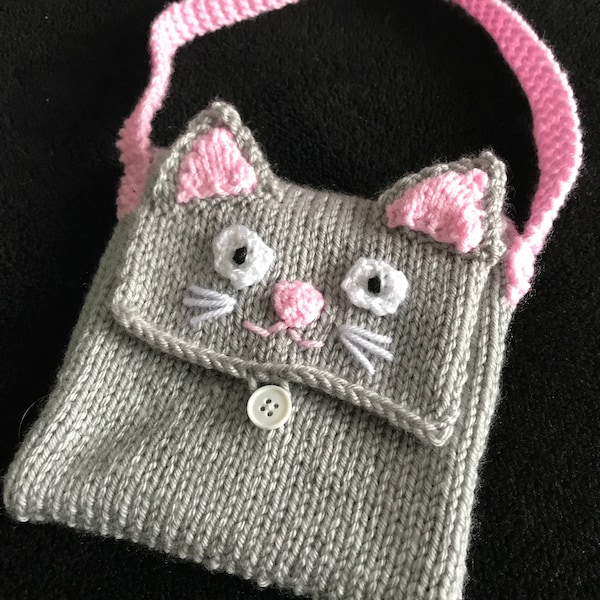 Kids Cat bag Knitting pattern Girls handbag purse tutorial crochet animal girls gift pdf download