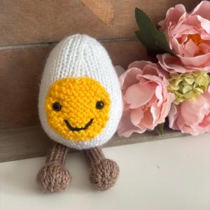 May include: A handmade, knitted egg-shaped plush toy with a smiling yellow yolk face and brown legs. The white eggshell contrasts with the bright yellow yolk and dark eyes. The toy is set against a backdrop of pink flowers.