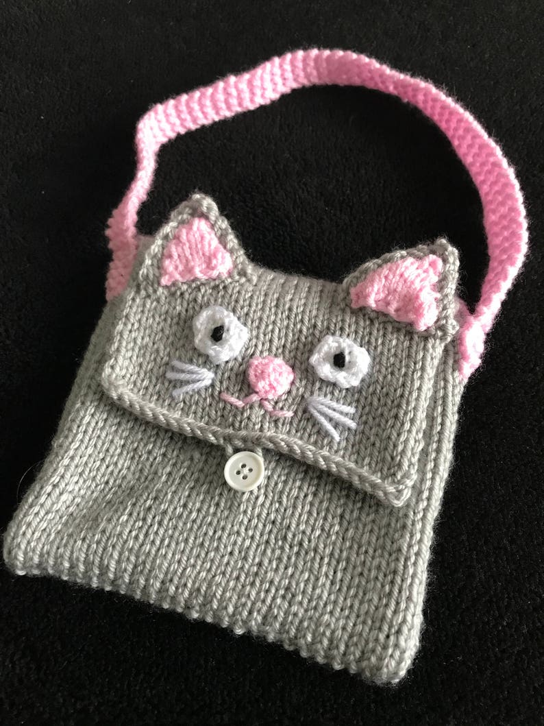 Kids Cat bag Knitting pattern Girls handbag purse tutorial crochet animal girls gift pdf download imagem 1