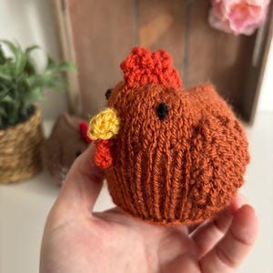 May include: A knitted chicken figurine in shades of brown, orange, and yellow. The chicken has a red comb and wattle, with black bead eyes. The small, round chicken is held in a hand, with a blurred background of plants and flowers.