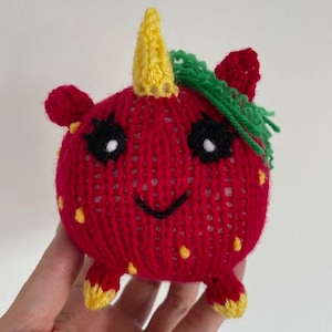 Strawberry Unicorn knitting pattern plush, knit soft toy, childrens gift