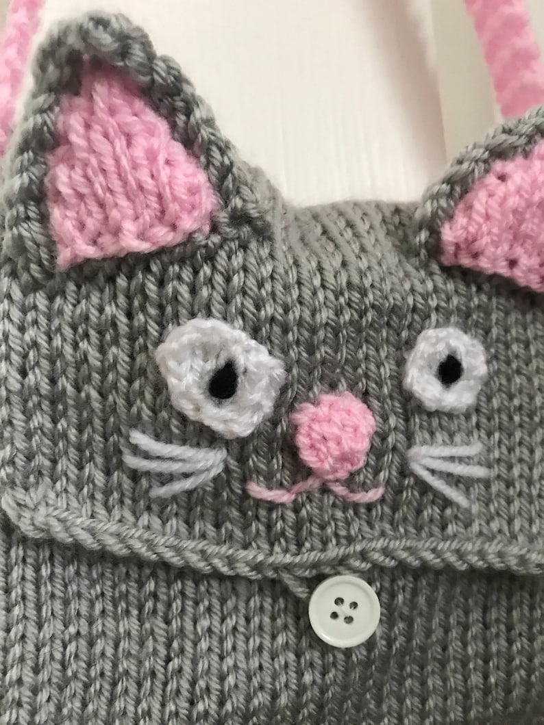 Kids Cat bag Knitting pattern Girls handbag purse tutorial crochet animal girls gift pdf download imagem 2