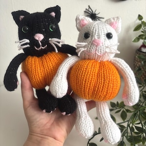 May include: Two handmade knitted cat dolls. One is black with an orange pumpkin body, the other is white with an orange pumpkin body. Both have pink accents on their ears and noses, and green and black eyes. The cats have white whiskers.