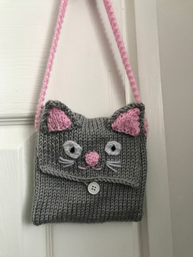 Kids Cat bag Knitting pattern Girls handbag purse tutorial crochet animal girls gift pdf download imagem 3