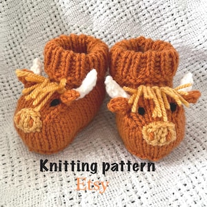 Highland Cow baby boots knitting pattern, farm animal baby booties, coo baby shower gift image 1