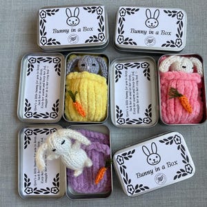 Bunny in a box children’s toy / handmade Easter gift / tin with knitted mini rabbit plushie