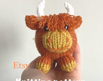 Highland Cow Knitting Pattern, mini farm animal toy PDF Download, Easy Fun Amigurumi Knitting Pattern