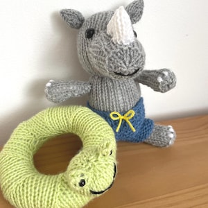 Pool Party Rhino Knitting Pattern, Rhino With Floatie Stuffed Toy Plushie, Fun knitted Kids Animal Plush, Birthday Gift, Baby Shower gift