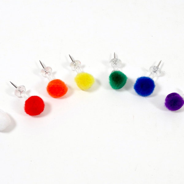 Rainbow Pompom Pushpin Set of 7 Funny Kitsch Kids Room Thumbtacks Handmade Office Decor Bulletin Board