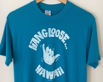 Vtg 70s 80s Hawaii Hang Loose Surfing Tshirt Sz Large Single Stitch Surf Made In USA 5050 Poly Tees