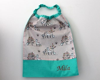 Back to school, birthday ** Bib, napkin, canteen, with elastic at the neck - cotton origami animals - to order