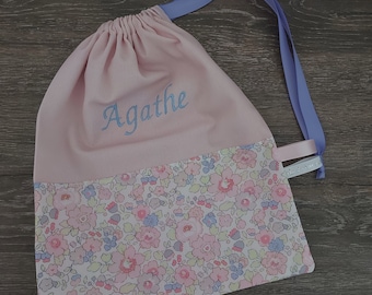 Birth, back to school * Pouch, cotton bag, Liberty Betsy Dragée, pink cotton pique, sliding link - to order