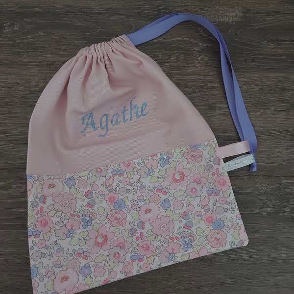 Birth, back to school * Pouch, cotton bag, Liberty Betsy Dragée, pink cotton pique, sliding link - to order