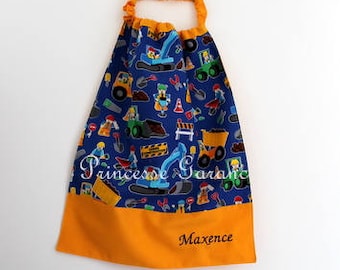 Back to school, birthday *** Canteen table napkin with elastic at the neck - construction site cotton - to order